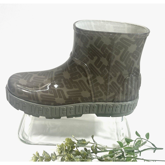 Ugg Womens Drizlita Graphic Monogram Rain Boot Size 9 US Beige Gray Logo - Picture 1 of 16